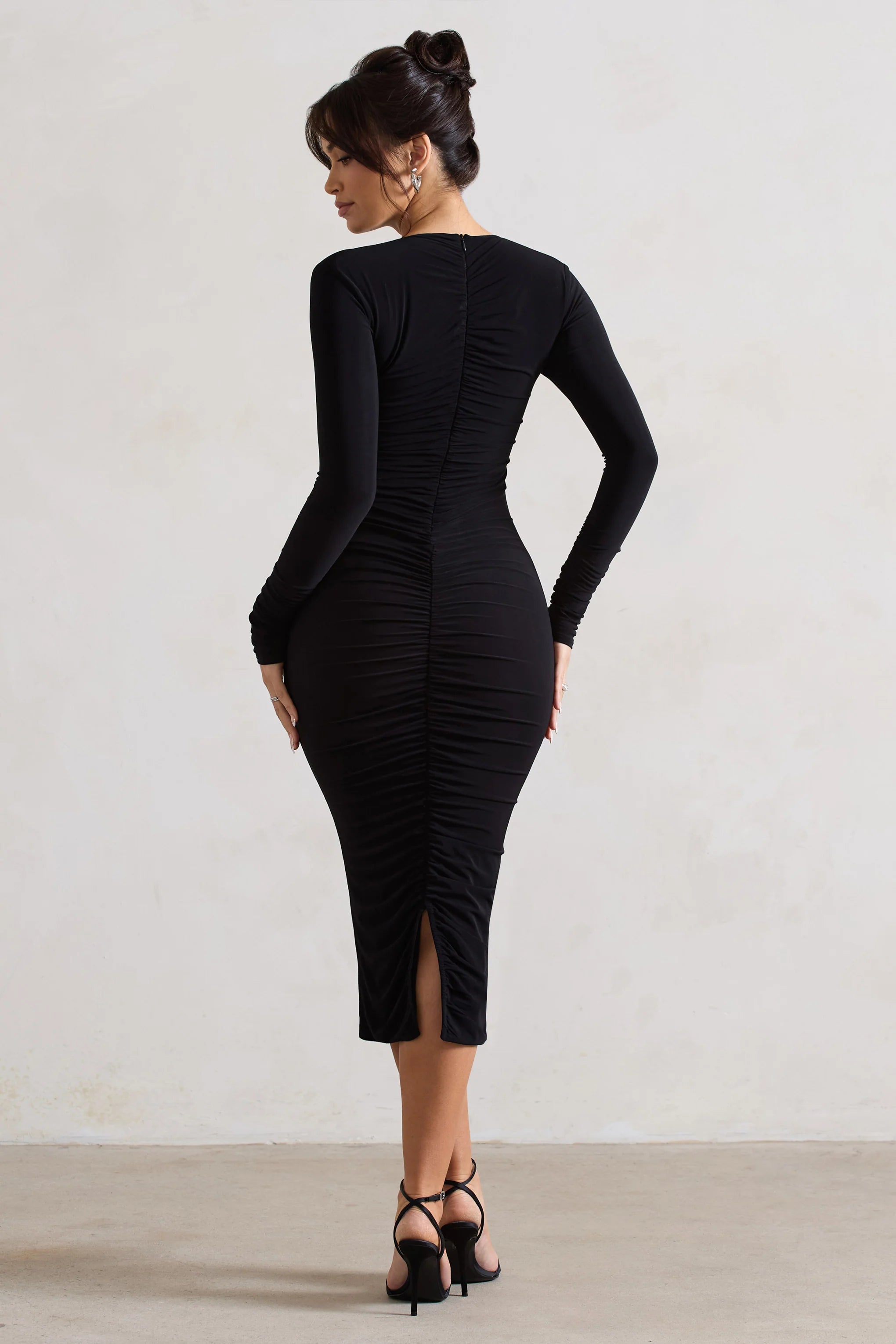 Monique | Black Ruched Bodycon Midi Dress