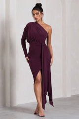 Catherine | Plum One Sleeve Asymmetric Midi Dress With Statement Drape