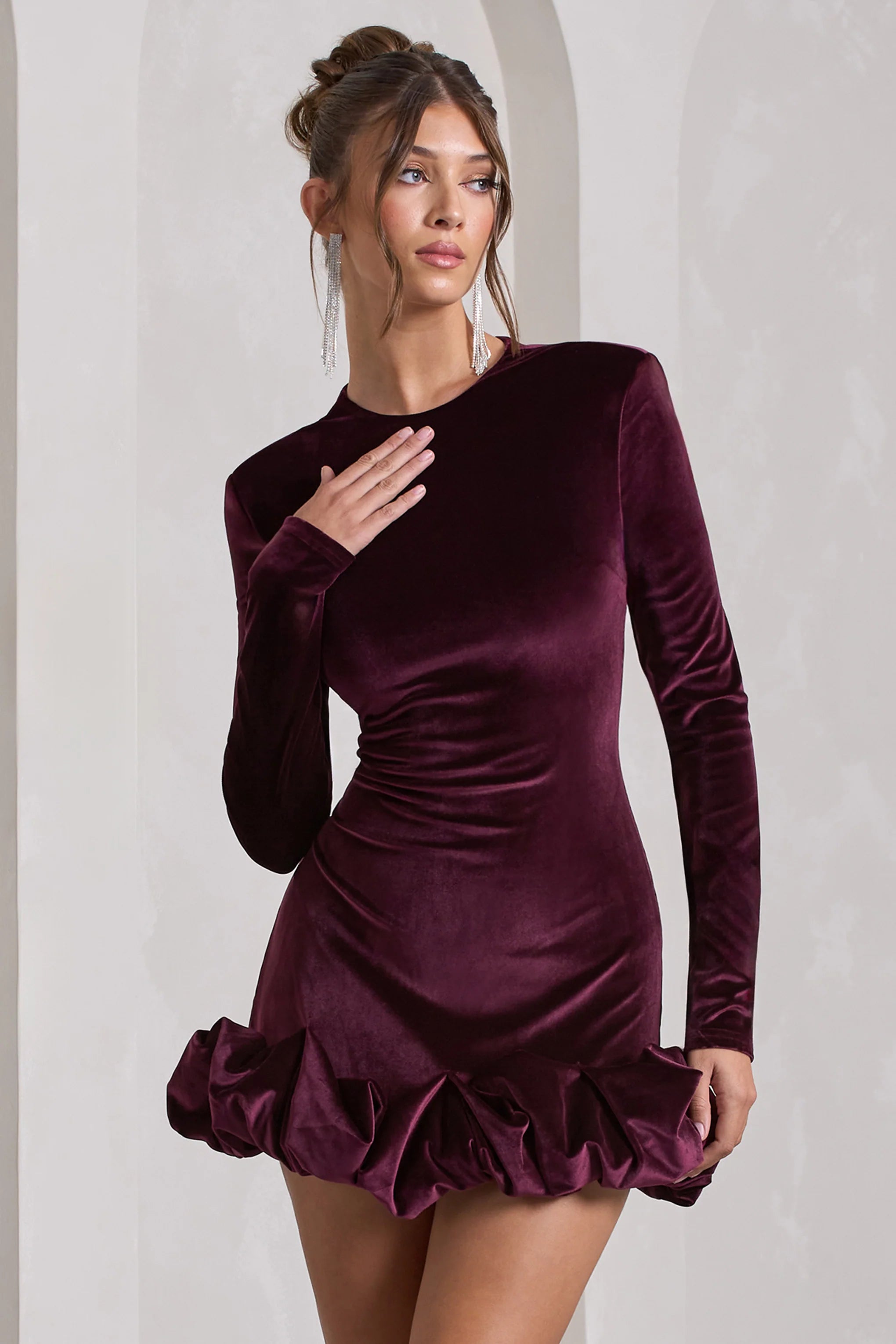 Claudine | Port Velvet Long-Sleeved Ruffled Mini Dress