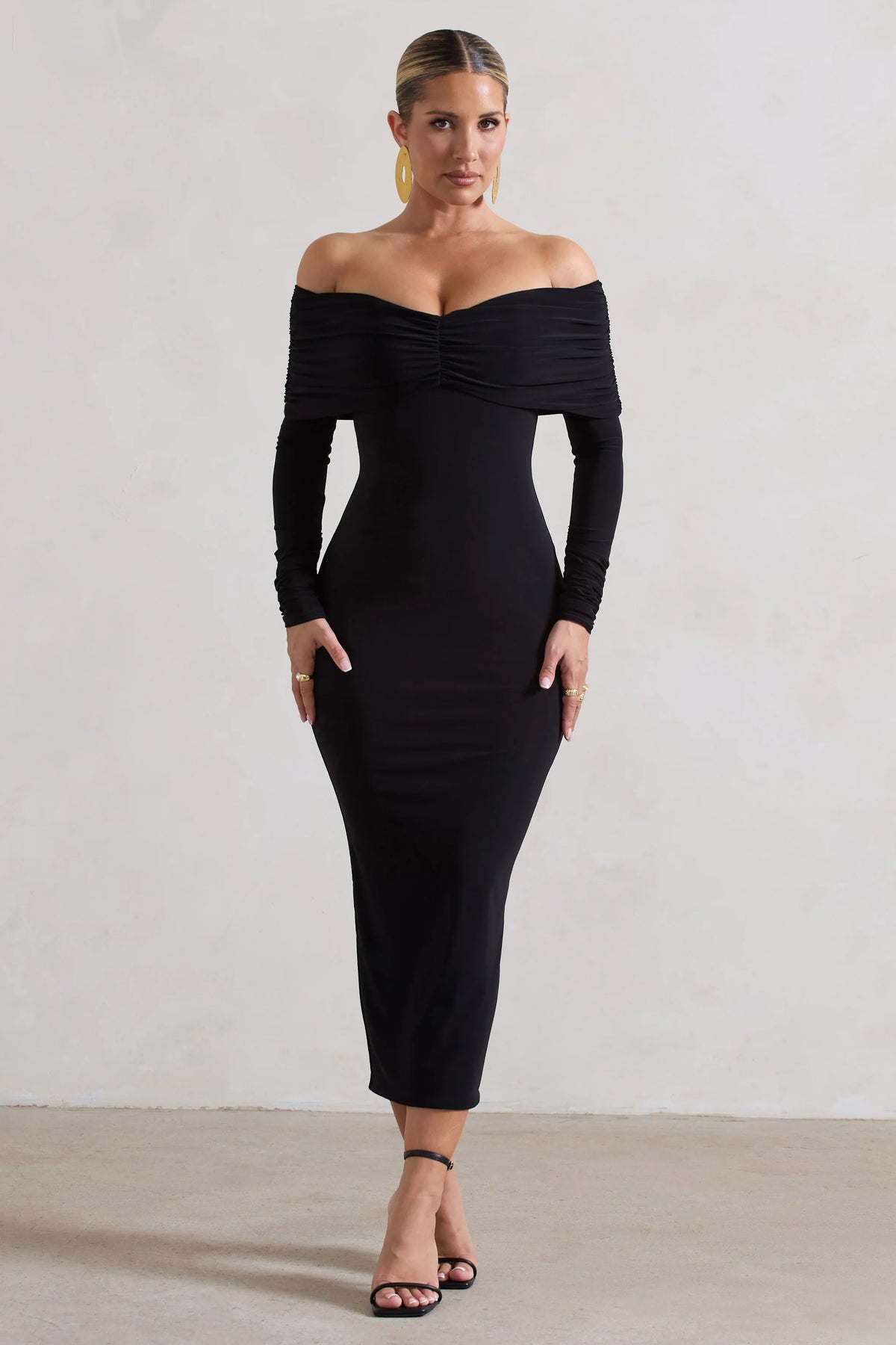 Marcella | Black Bodycon Bardot Midi Dress