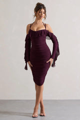 Quinn | Dark Cherry Ruched Strappy Long-Sleeved Midi Dress With Ruffles