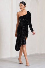 Lorena | Black Sequin Velvet One Shoulder Mini Dress With Drape Detail