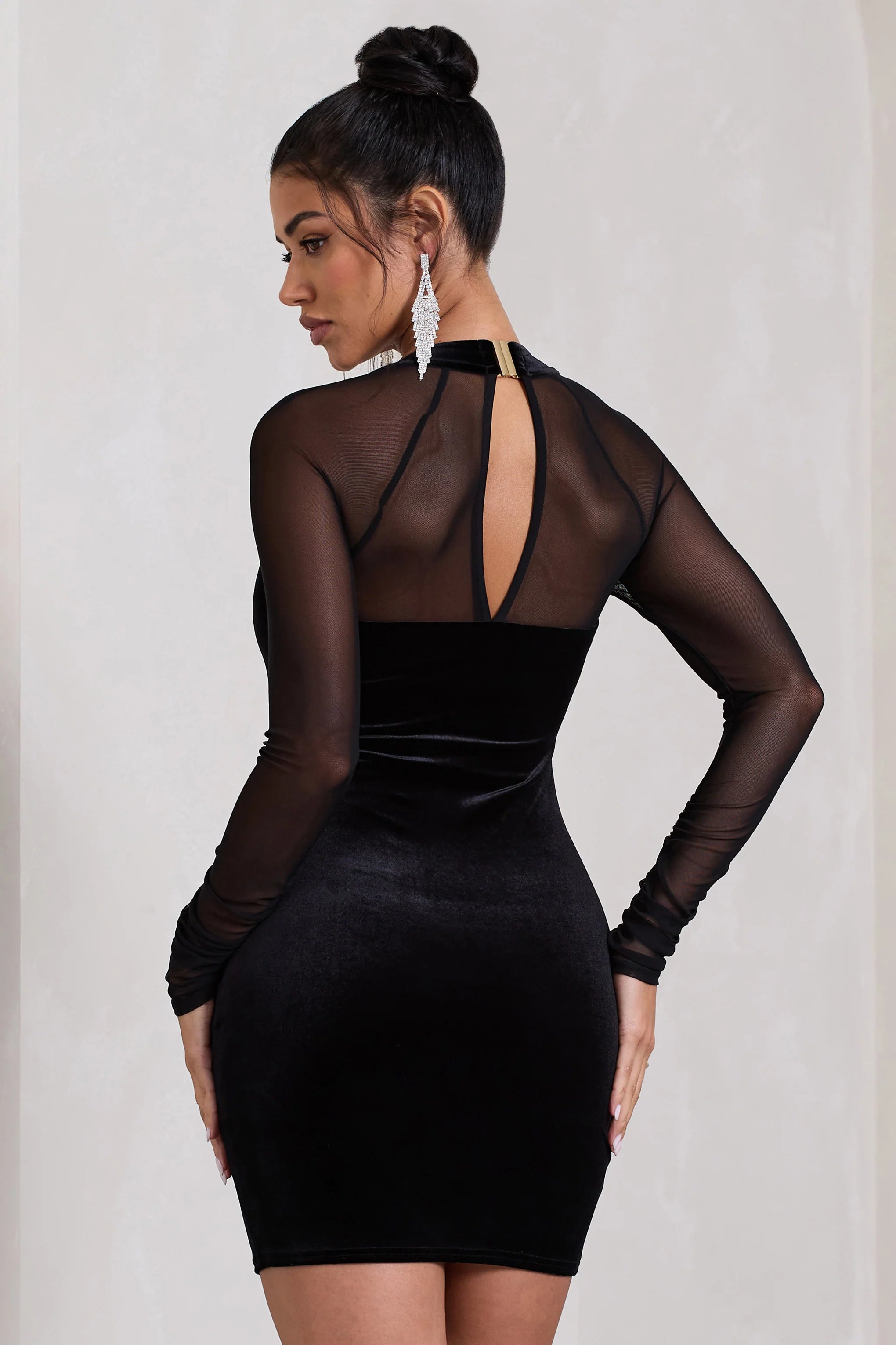 Off-Piste | Black Velvet Bodycon Mini Dress With Sheer Sleeves