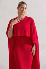 Camellia | Red Midi Dress With High-Low Cape