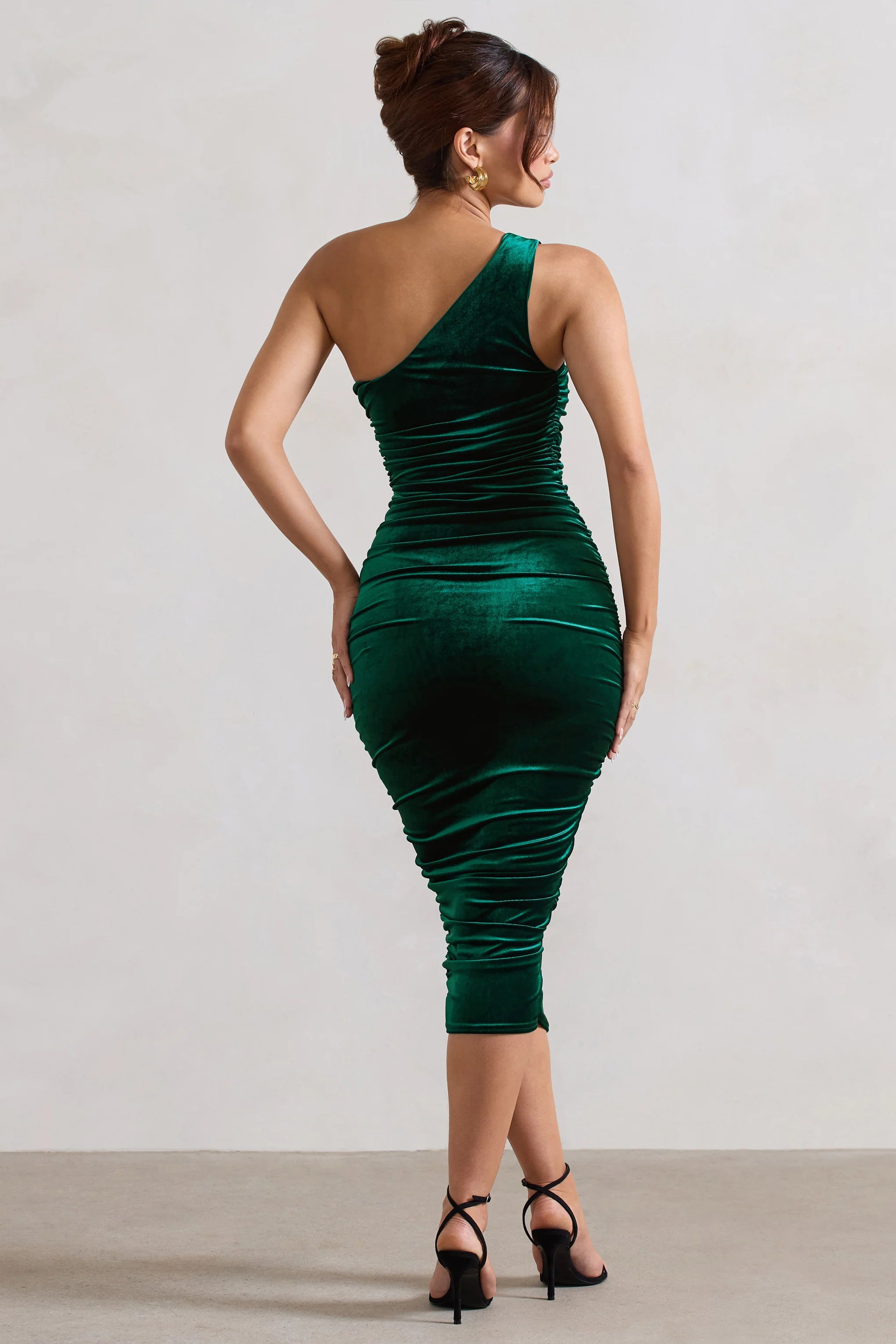 Back For More | Bottle Green Velvet One Shoulder Ruched Midi Dress