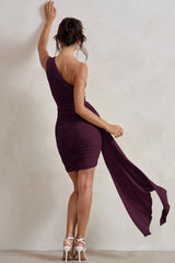 Charlie | Plum One Shoulder Ruched Mini Dress With Statement Drape