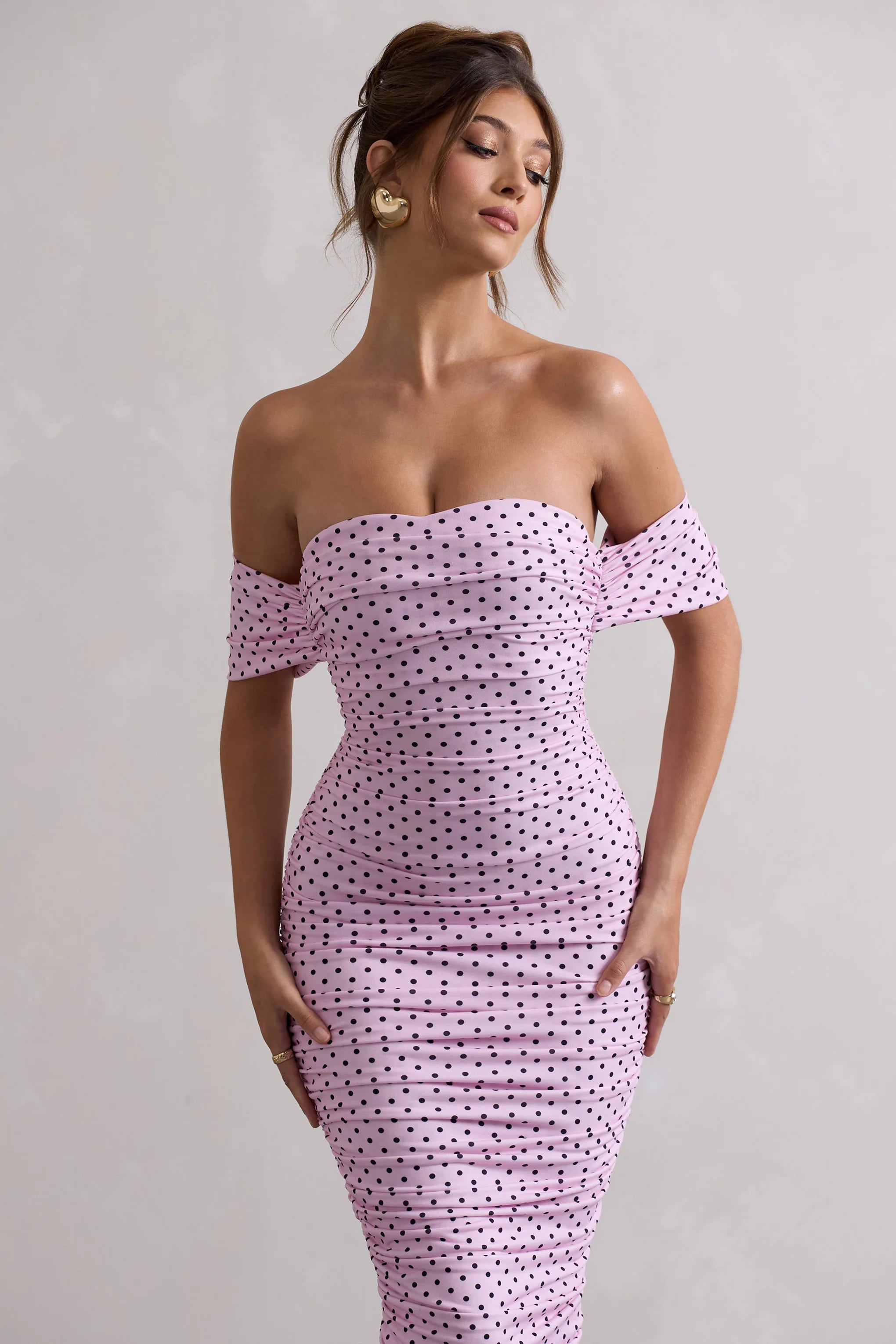 Lost For Words | Pink Polka Dot Bardot Ruched Draped Midi Dress