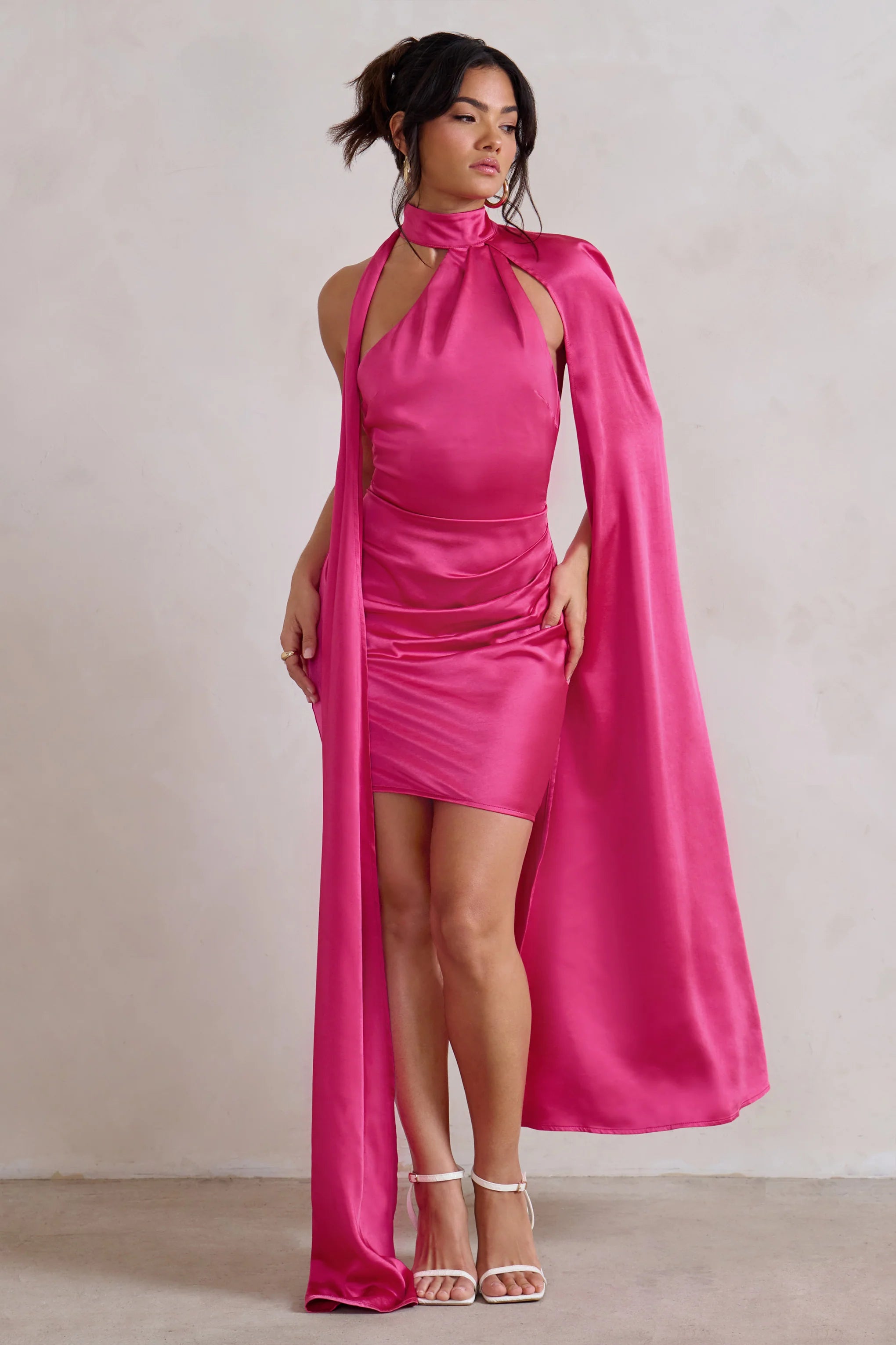 Laurelie | Hot Pink Satin Statement Cape Design Mini Dress