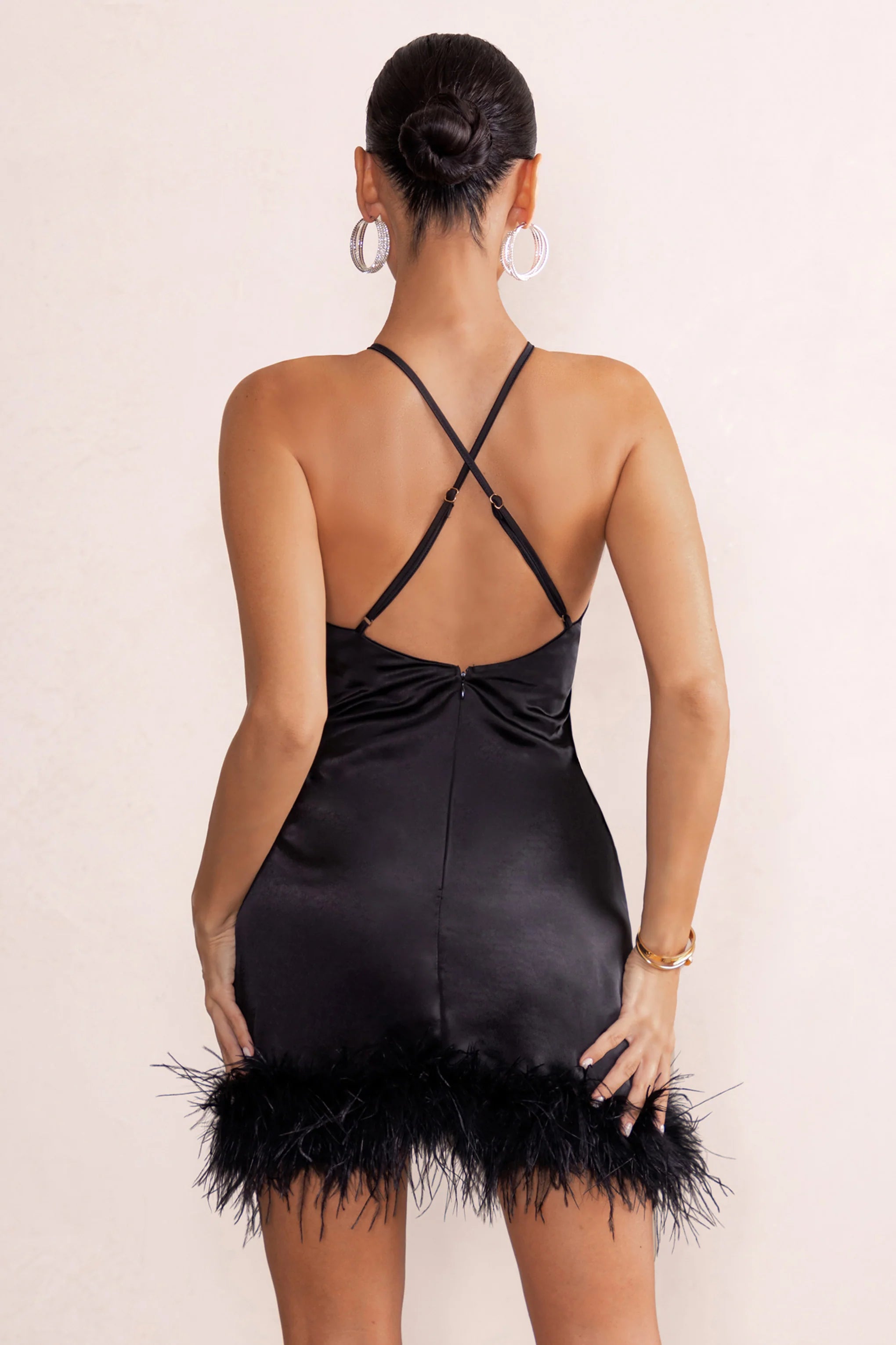 Members Only | Black Satin Feather Trim Mini Dress