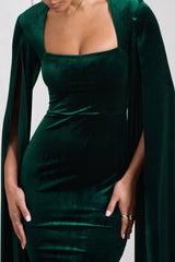 Flawless | Bottle Green Velvet Square Neck Midi Dress With Cape Sleeves