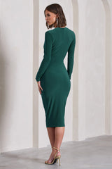 Marcia | Bottle Green Bodycon Plunge-Neck Midi Dress