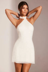 Embellished Asymmetric Neck A-Line Mini Dress in White