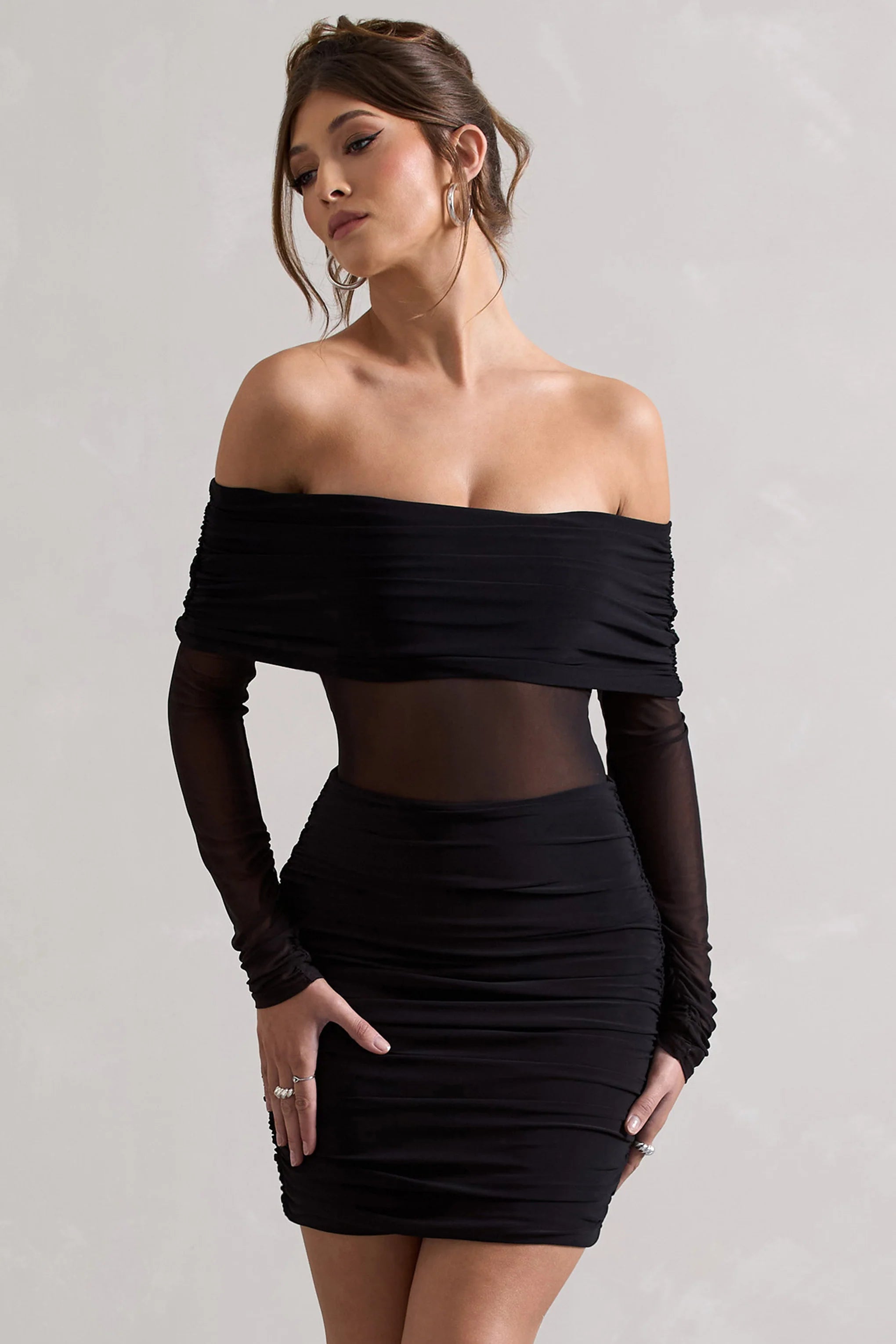 Dallas | Black Ruched Bardot Long-Sleeve Micro Mini Dress