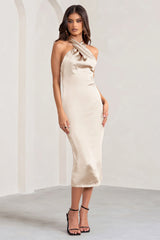 Dazzling | Cream Satin Cross Over Halter Neck Midi Dress