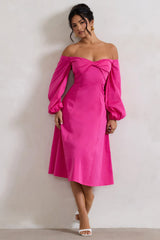 Santino | Bright Plum Twisted Bardot Puff-Sleeve Midi Dress