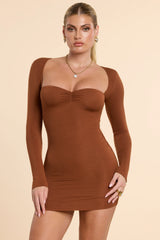 Long Sleeve Ruched Modal Cashmere Blend Mini Dress in Chestnut Brown