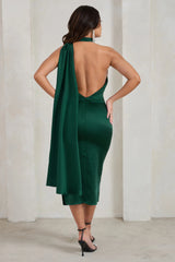 Madame | Bottle Green Satin Asymmetric Scarf Neck Backless Midi Dress