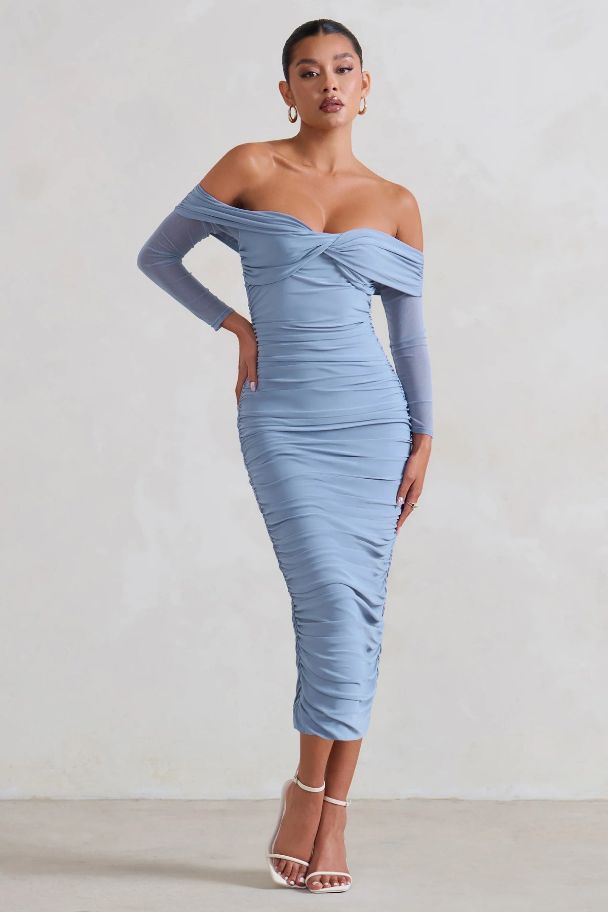 Neva | Ice Blue Bardot Twist Midi Dress