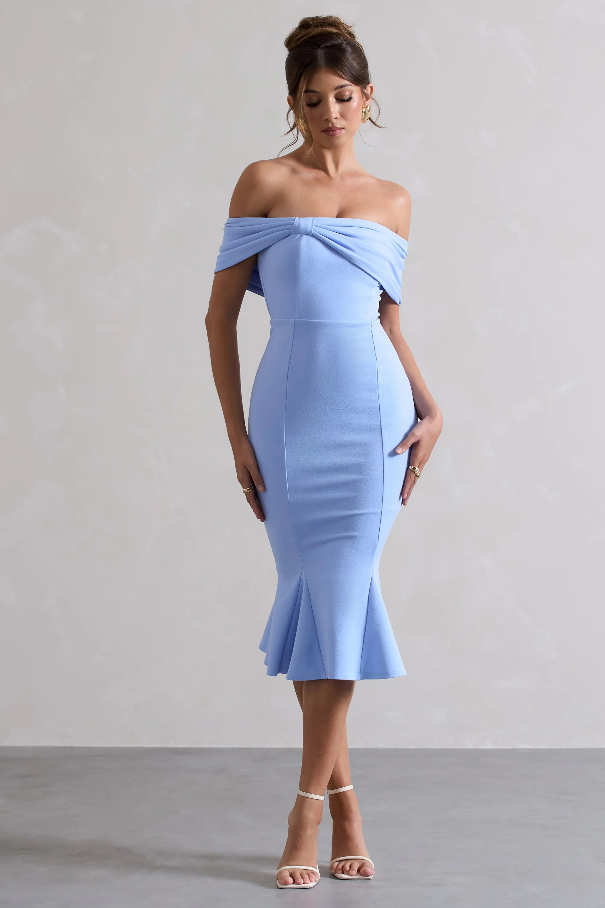 Lydia | Sky Blue Bardot Bow Detail Midi Dress