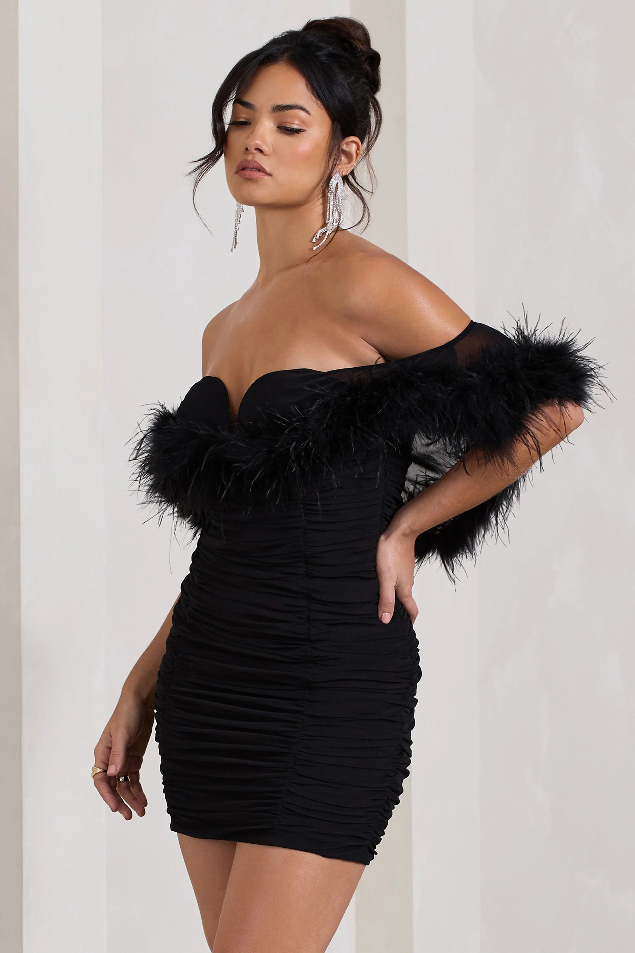 Confetti | Black Sweetheart Mini Dress With Chiffon Feather Sleeves