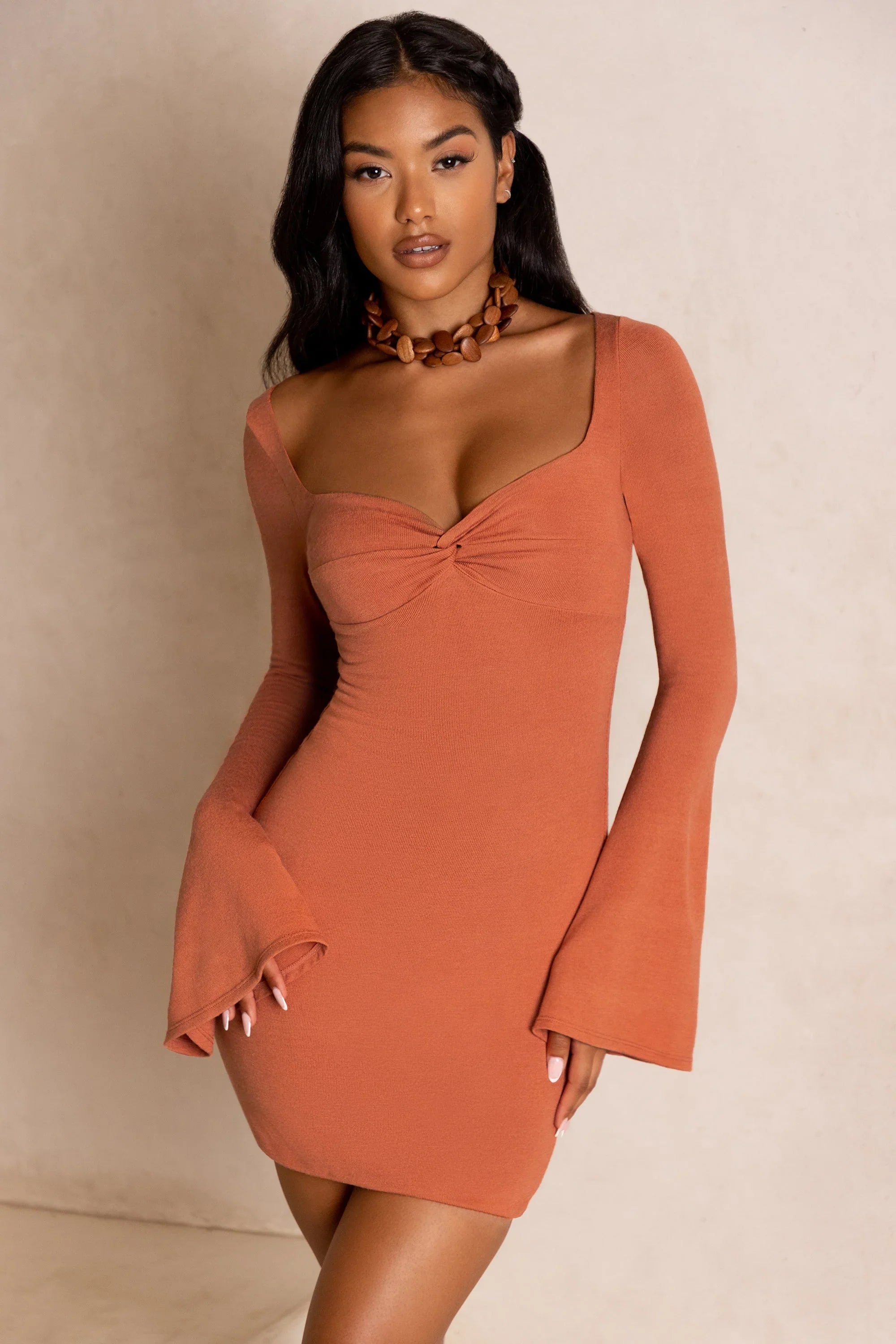 Flare Sleeve Mini Dress in Rust