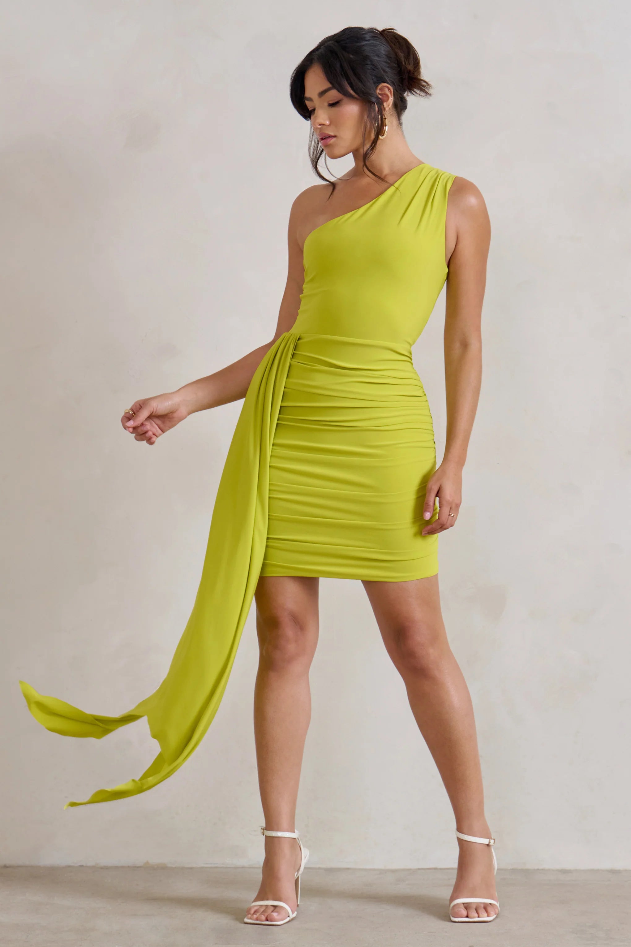 Charlie | Lime Green One Shoulder Ruched Mini Dress With Statement Drape