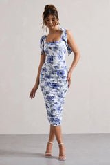 Cordelia | Floral Print Bodycon Midi Dress With Bow Straps