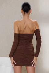 Promise This | Chocolate Brown Bardot Ruched Mini Dress