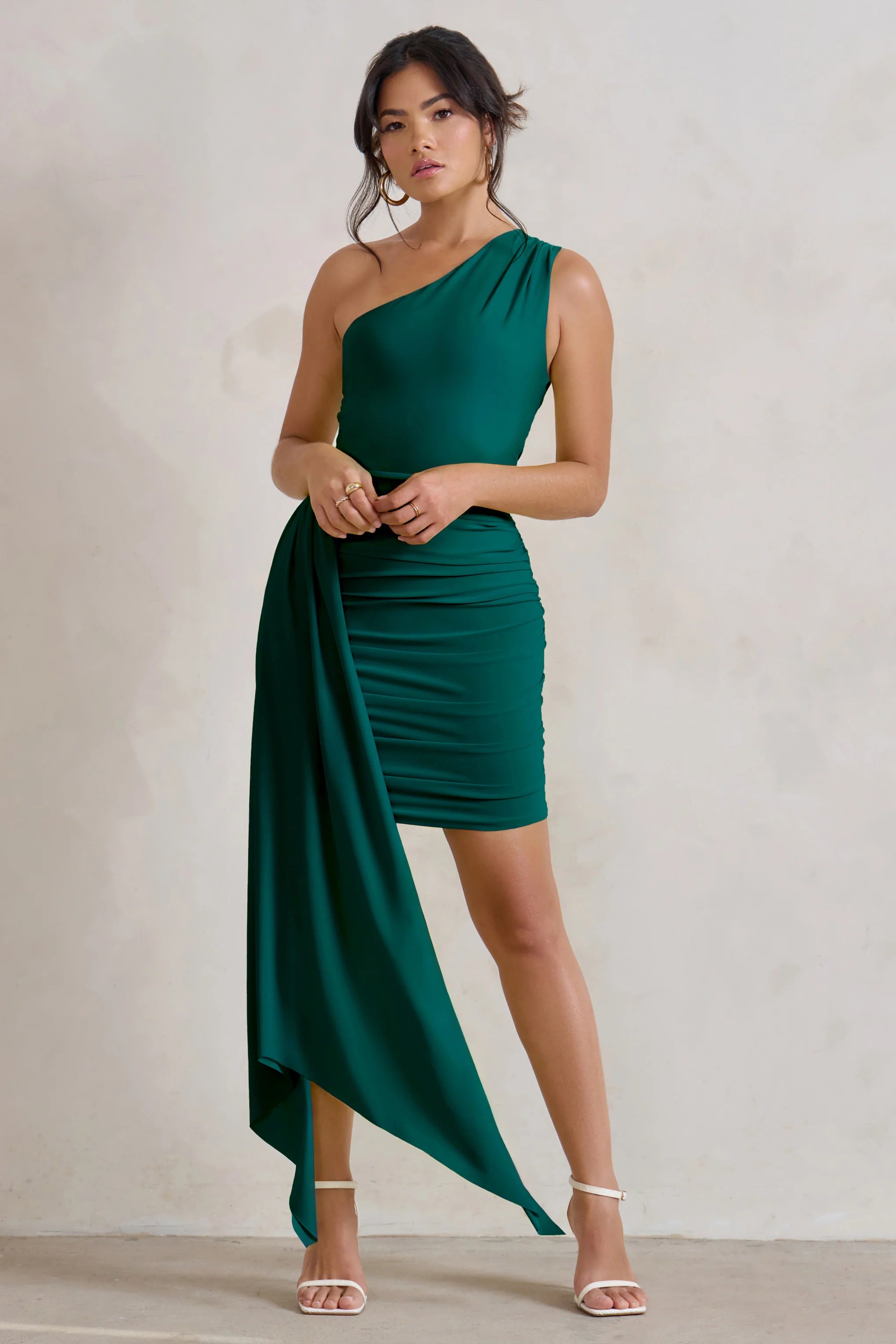 Charlie | Bottle Green One Shoulder Ruched Mini Dress With Statement Drape