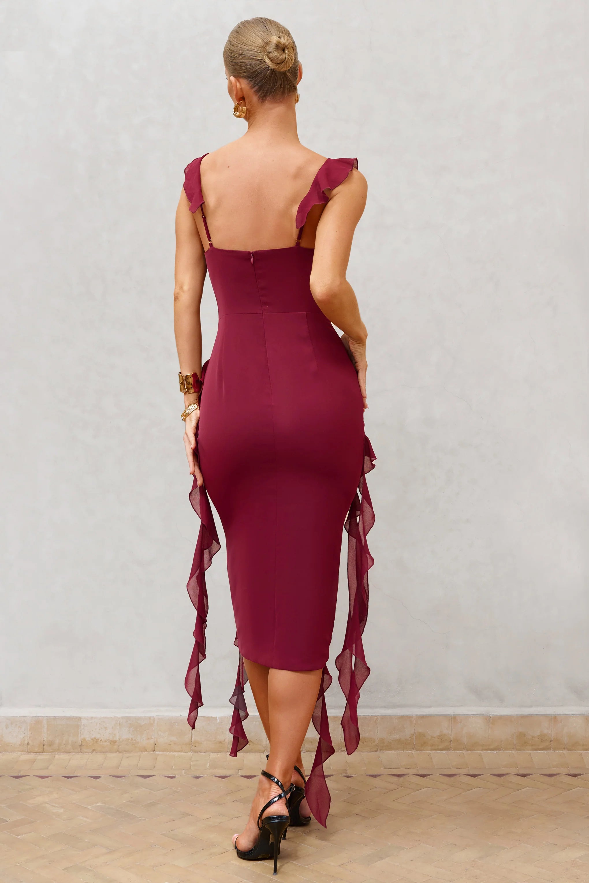 Havana Heat | Burgundy Cowl Ruffle Chiffon Midi Dress