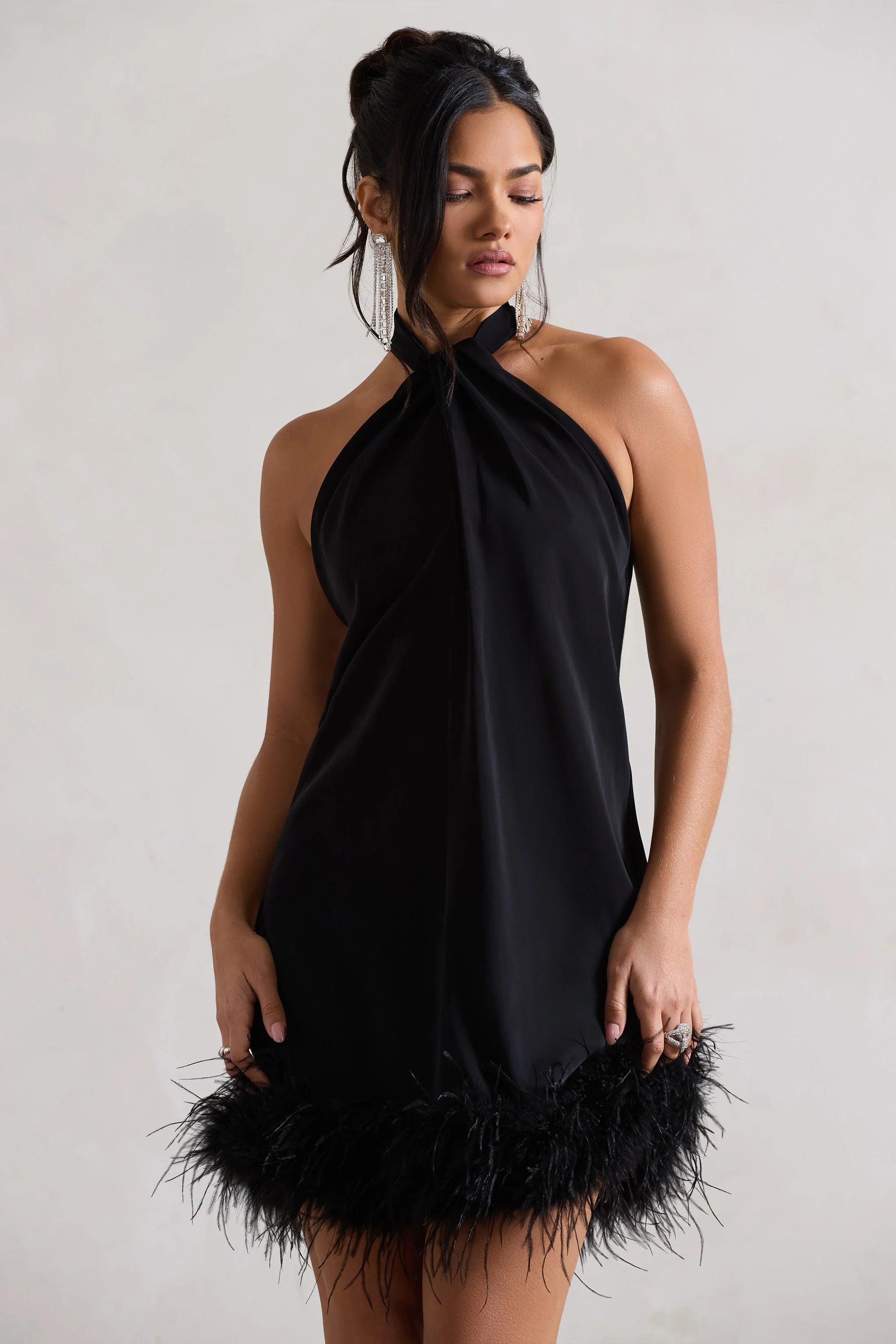 Femme | Black Halter-Neck Smock Mini Dress With Feather Hem