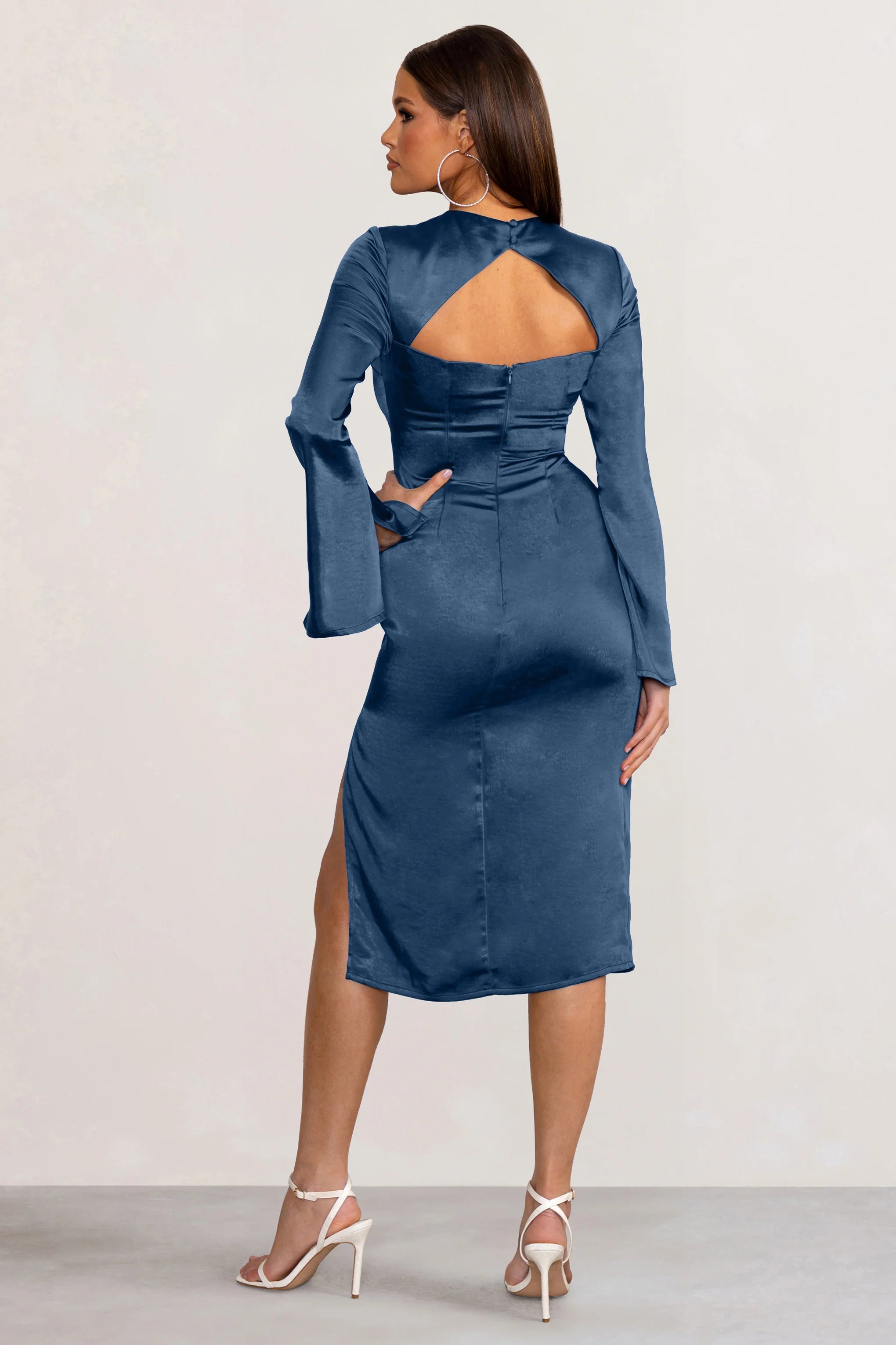 Laura | Navy Satin Long-Sleeve Midi Dress