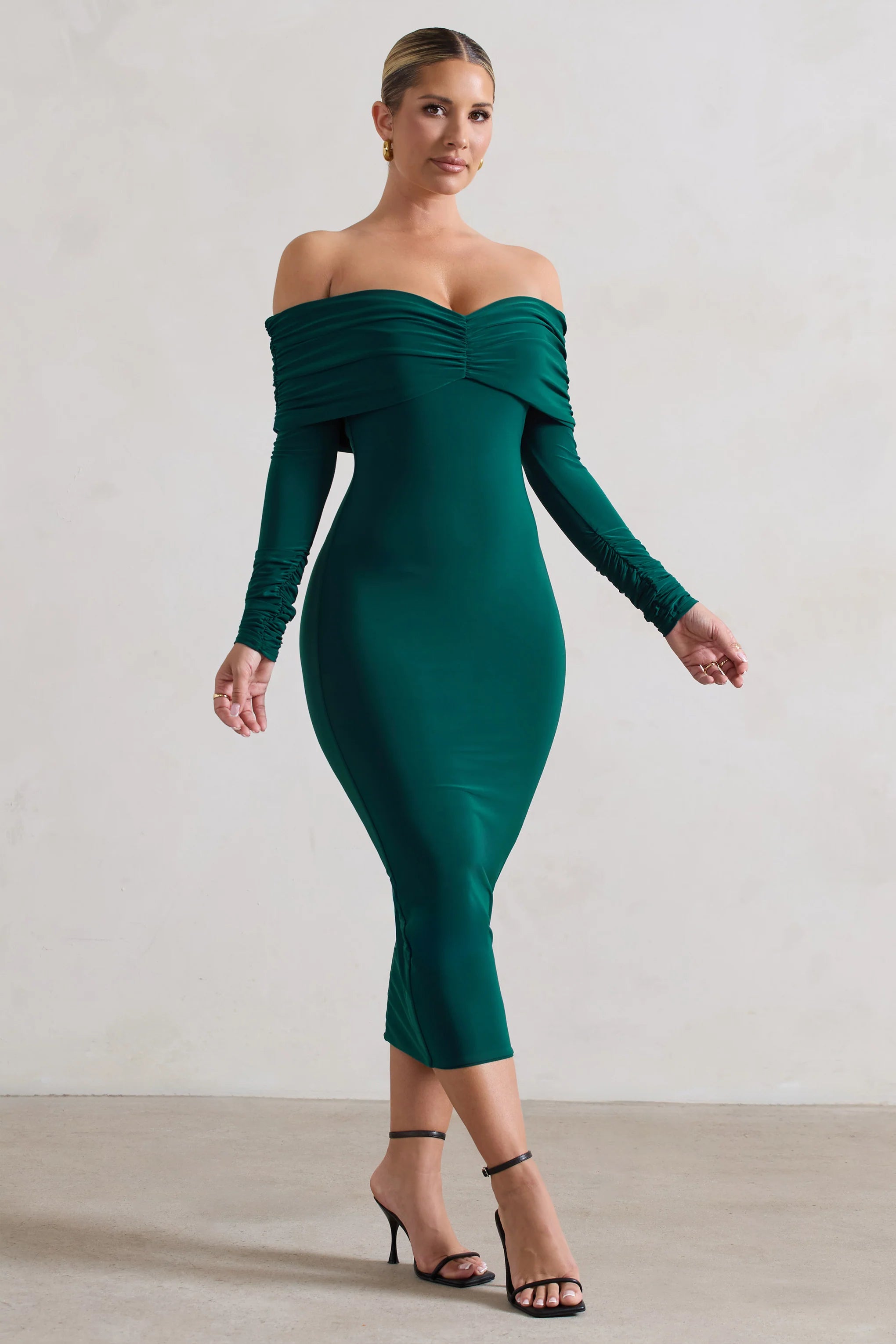 Marcella | Bottle Green Bodycon Bardot Midi Dress