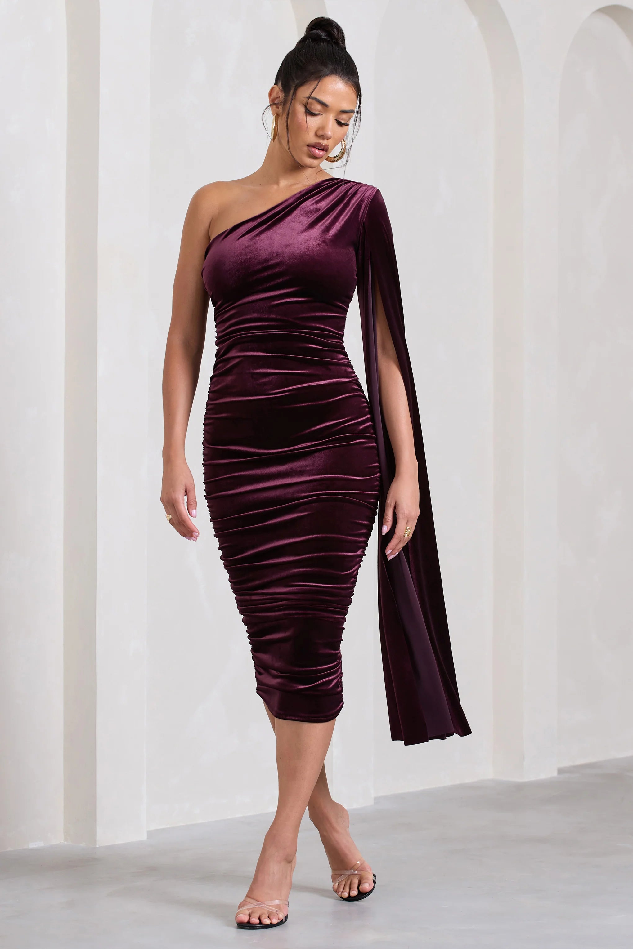 Gianna | Port Velvet One Shoulder Cape Bodycon Midi Dress