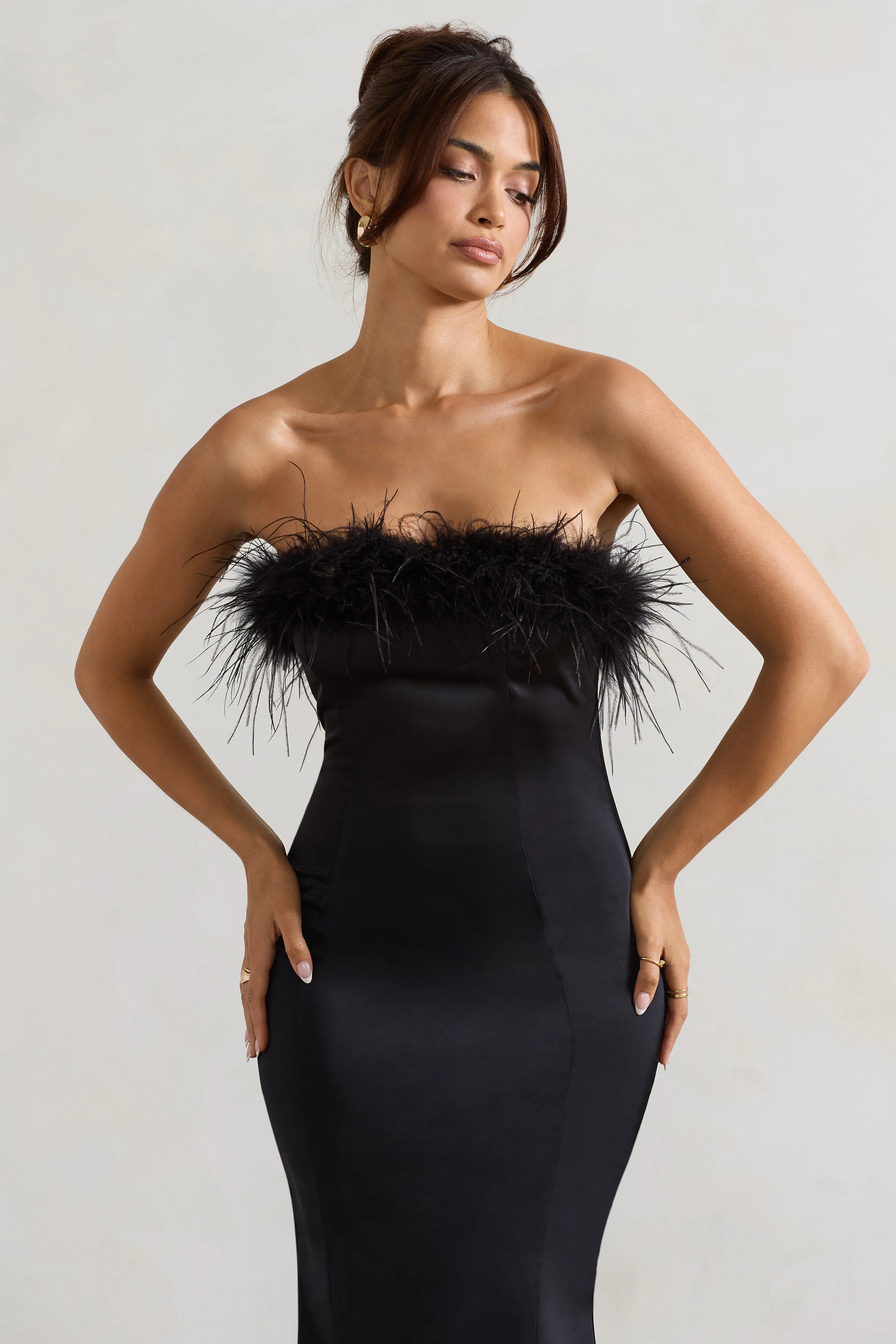 One And Only | Black Satin Feather Trim Midi Dress