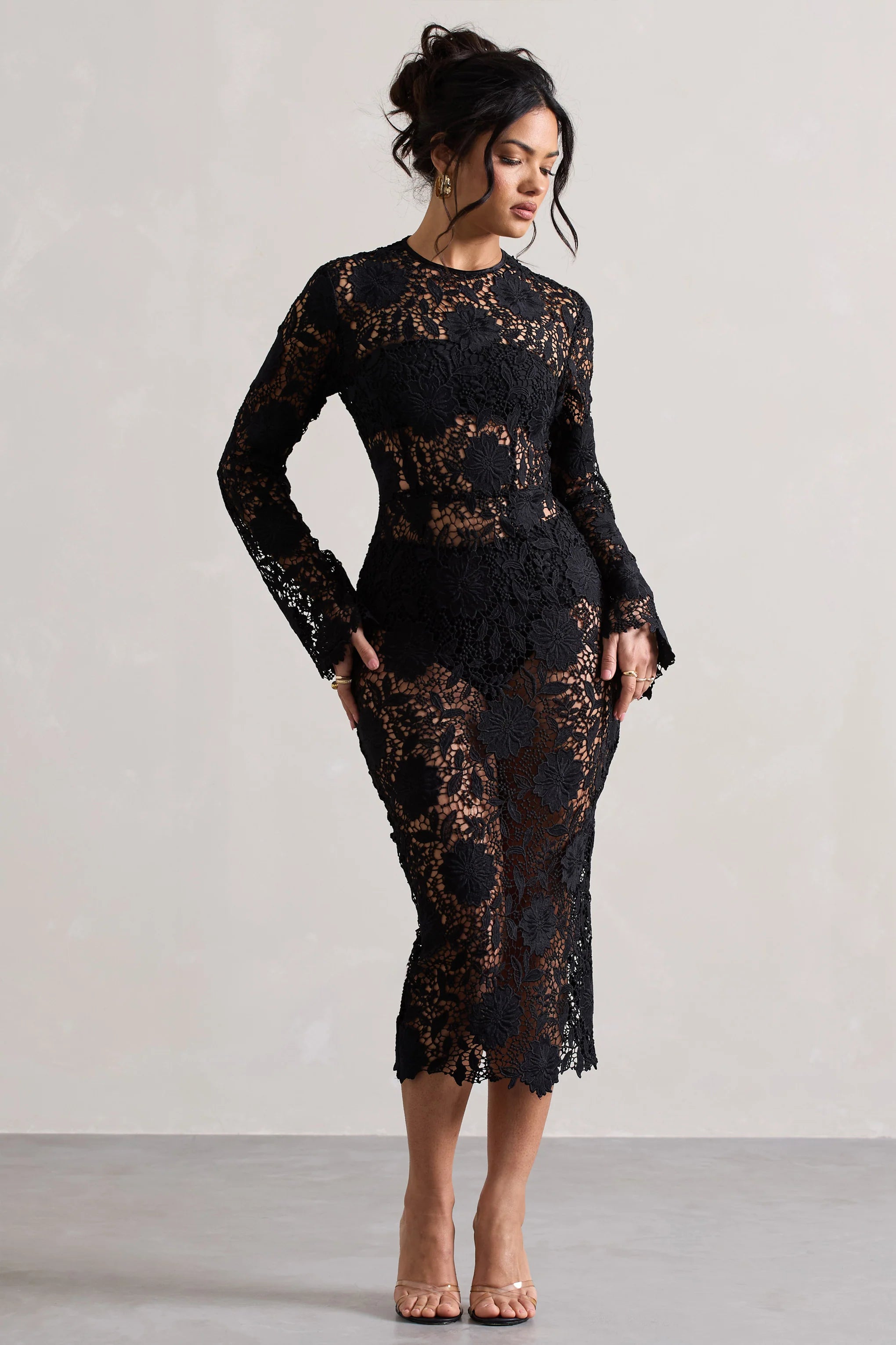 Scandal | Black Lace Long-Sleeved Midi Dress