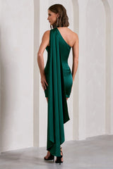 Natalie | Bottle Green Satin One Shoulder Mini Dress With Scarf Detail