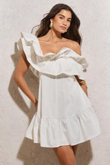 Saylor | White Poplin Asymmetric Ruffle Mini Dress