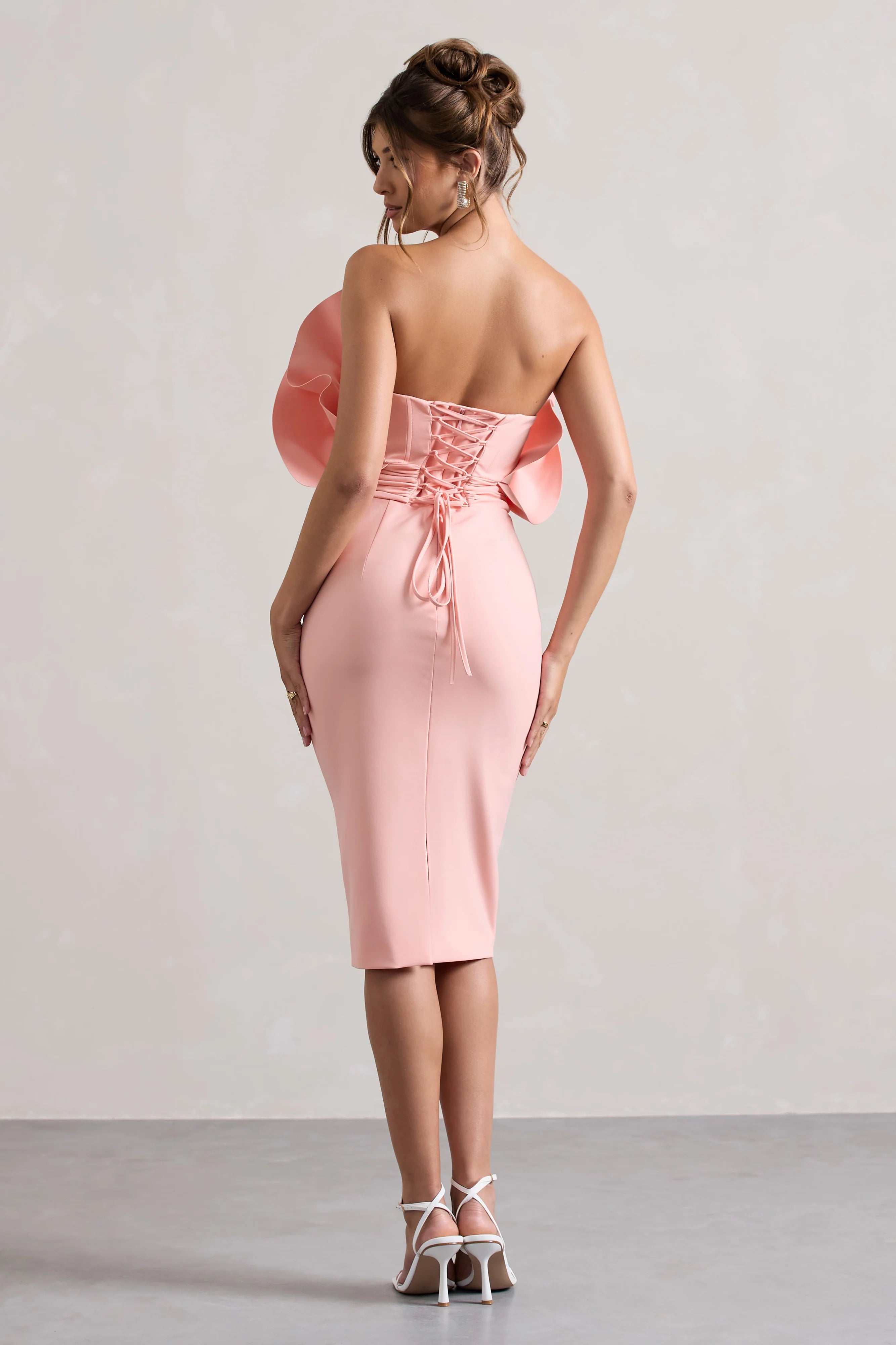 Oria | Pink Ruffled Strapless Midi Dress