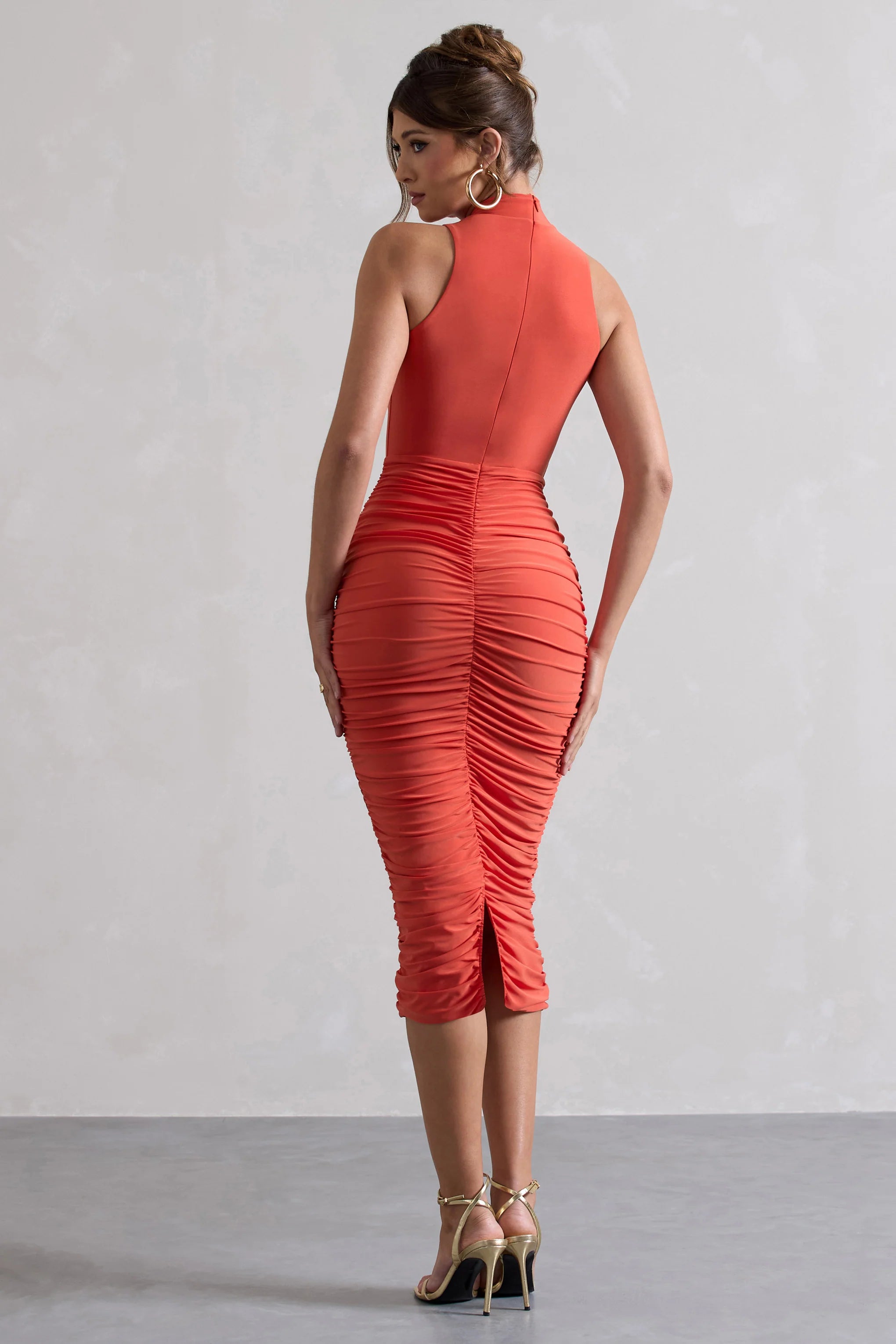 Sidnie | Orange Ruched Bodycon High-Neck Midi Dress