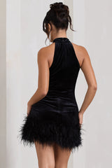 Tillie | Black Velvet High Neck Trapeze Mini Dress With Feather Hem Detail