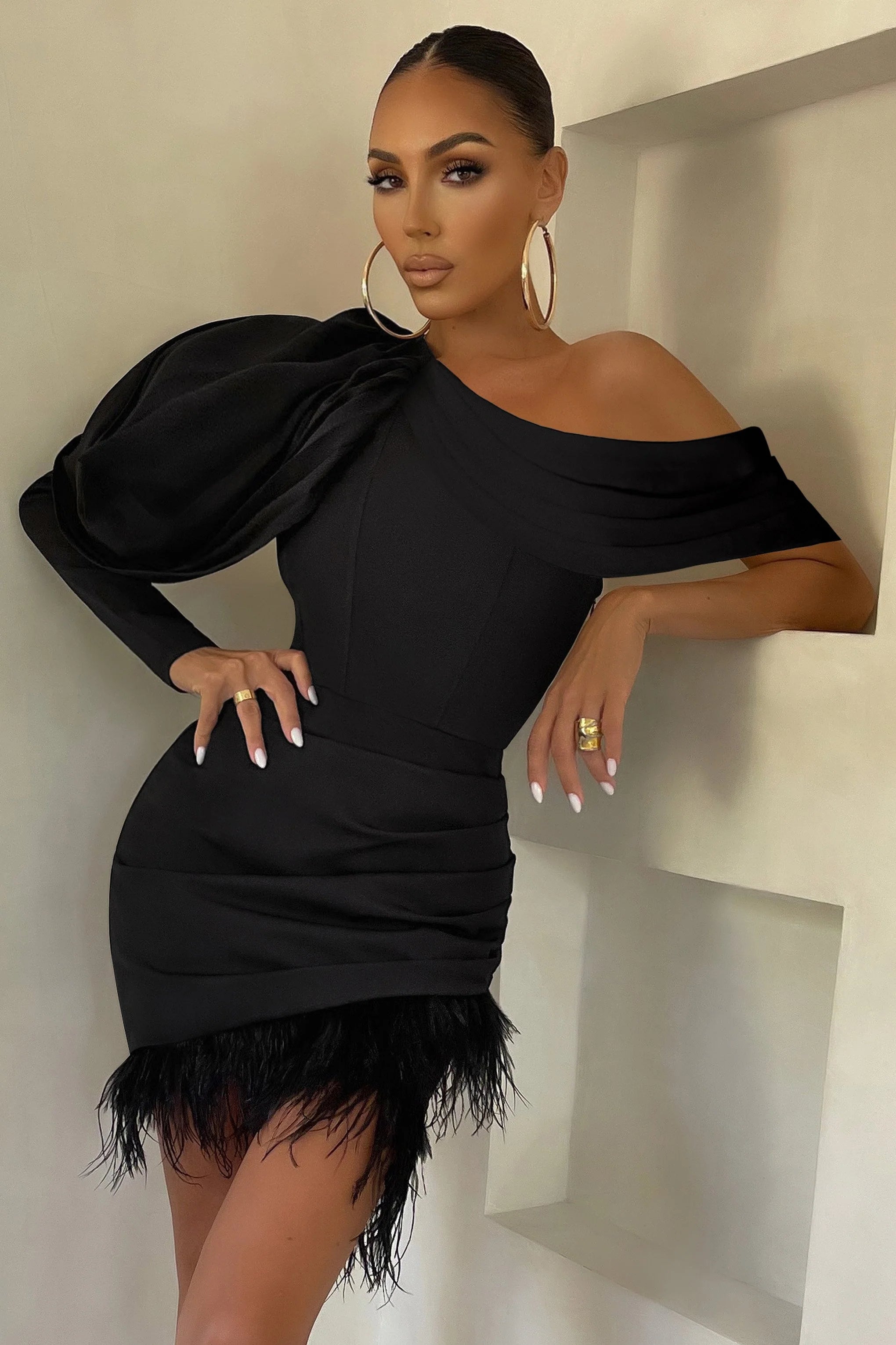 RSVP | Black Asymmetric Volume Sleeve Draped Feather Mini Dress