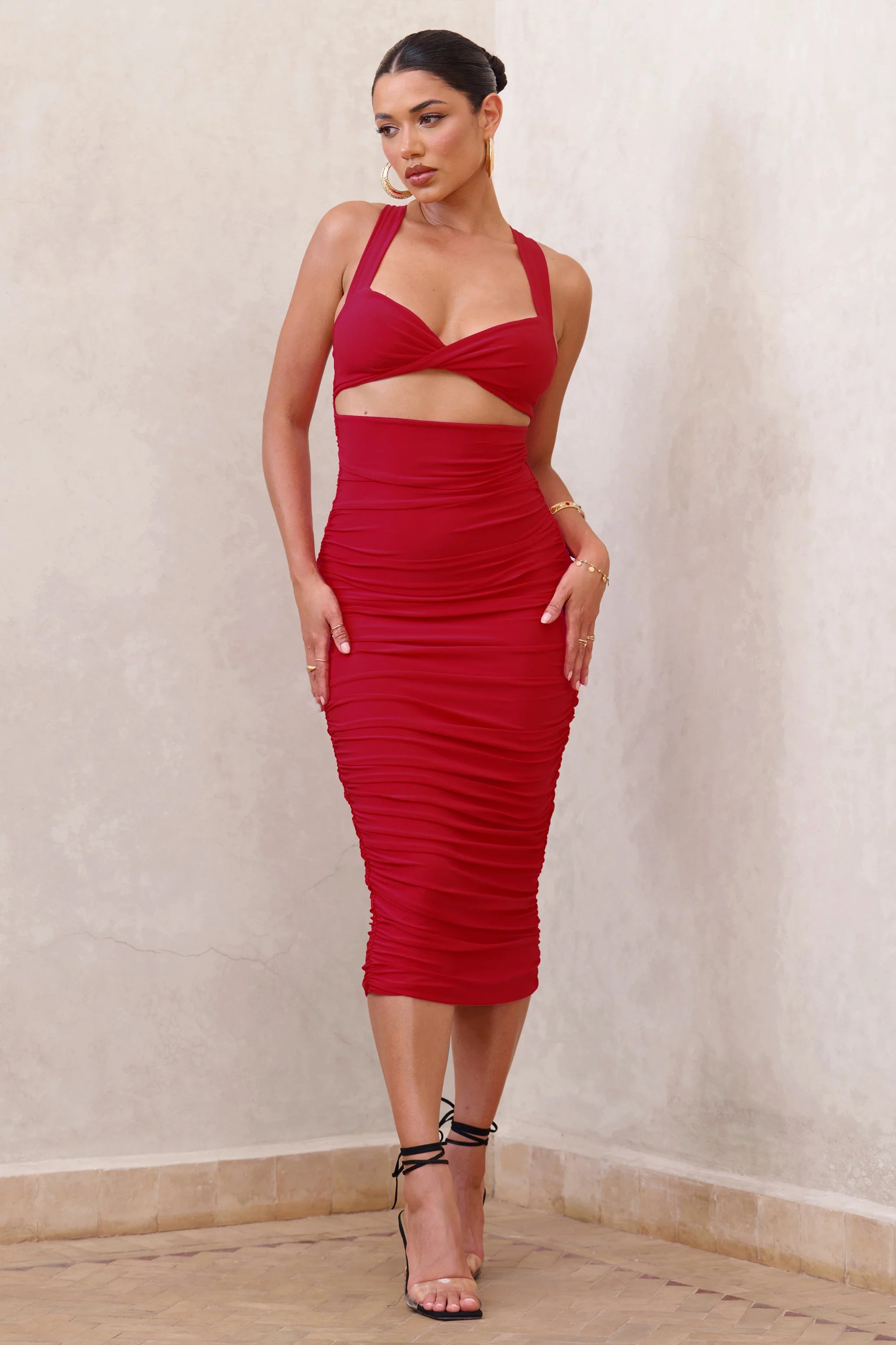 Embody | Red Cut Out Twist Front Ruched Midi Dress