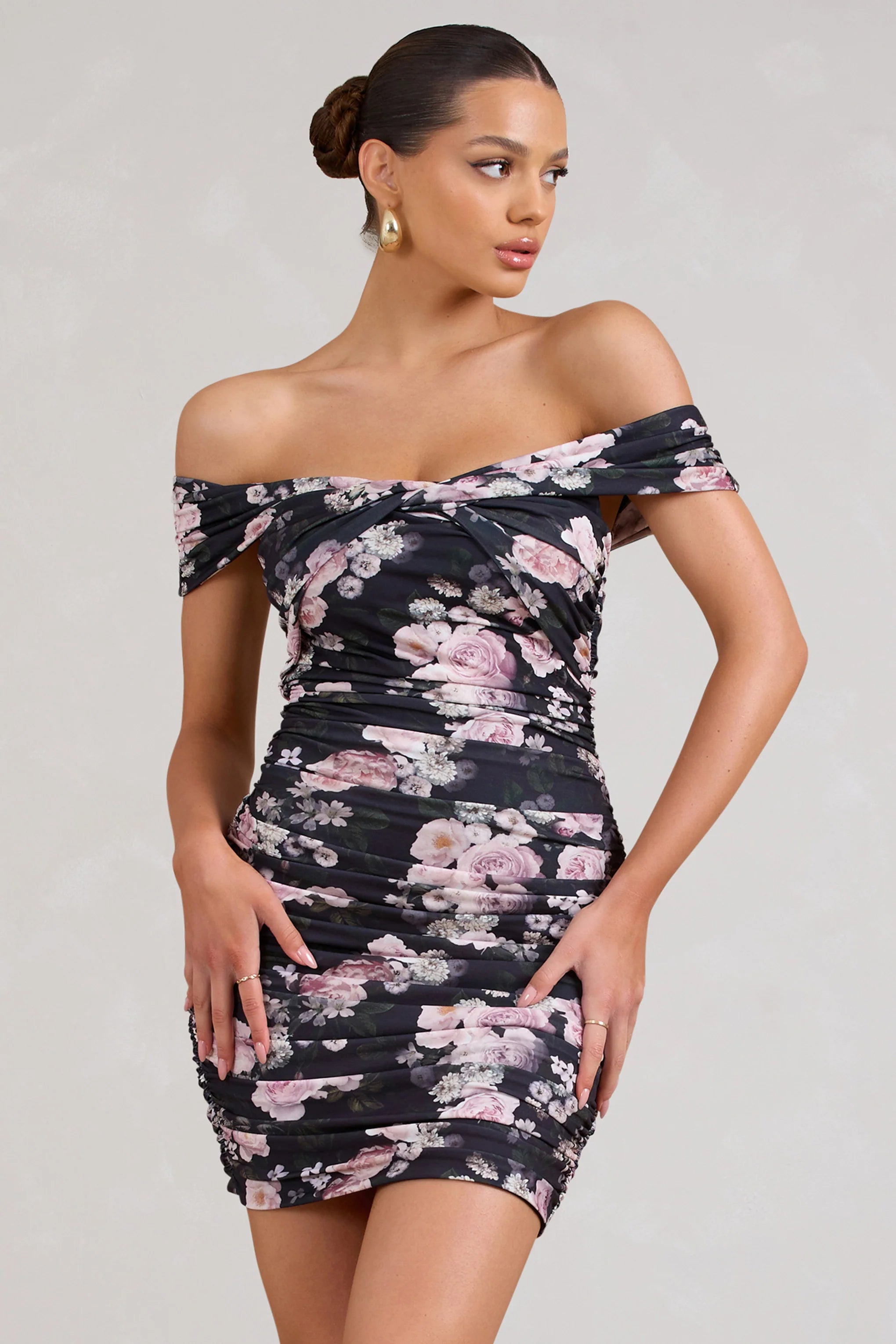 Thorn | Black Floral Bardot Bodycon Mini Dress