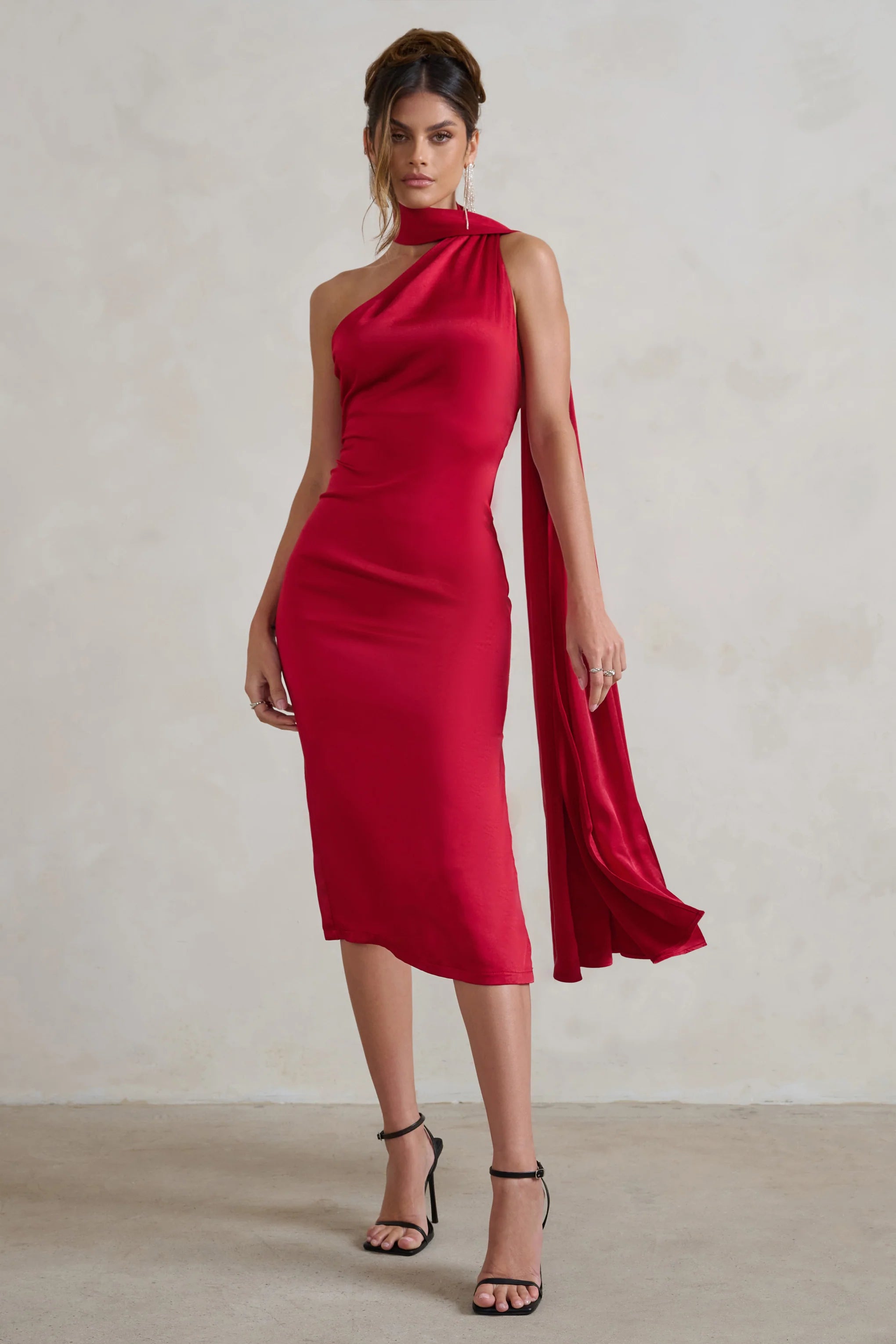 Madame | Berry Red Satin Asymmetric Scarf Neck Backless Midi Dress