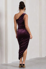 Dorit | Dark Purple Velvet One Shoulder Asymmetric Ruched Midi Dress