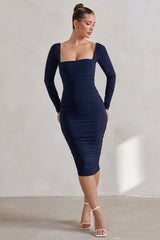 Seductress | Navy Long Sleeve Square Neck Ruched Midi Dress