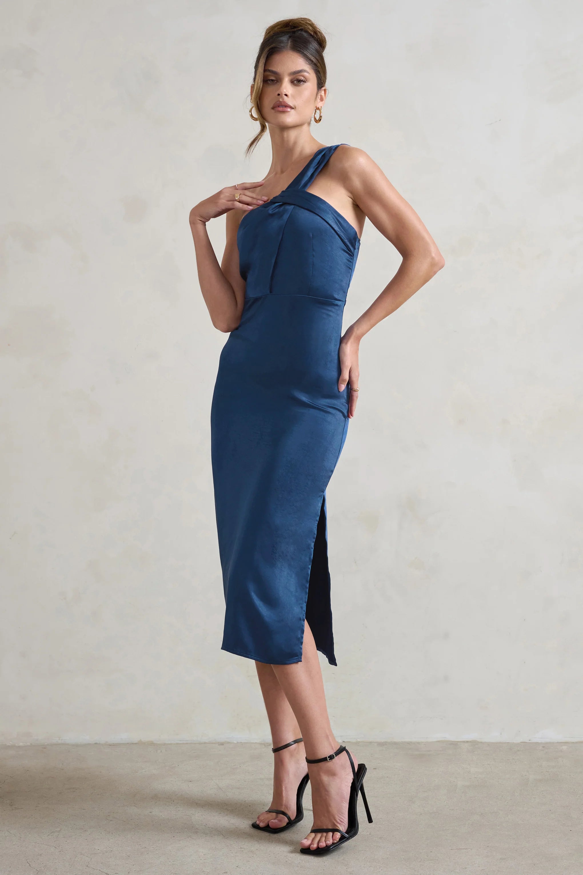 Steffie | Navy Asymmetric Satin Midi Dress