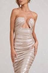 Stately | Champagne Cut-Out Ruched Bodycon Midi Dress