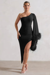 July | Black Asymmetric One Shoulder Cape Midi Dress With Feathers